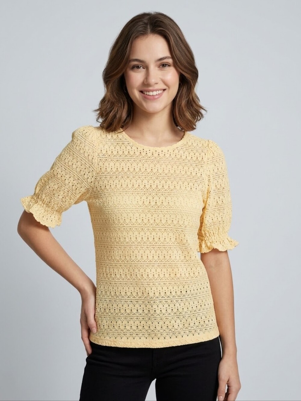 MNG Mango Yellow Eyelet Lace Puff Short Sleeve Top S Romantic Boho Cottagecore
